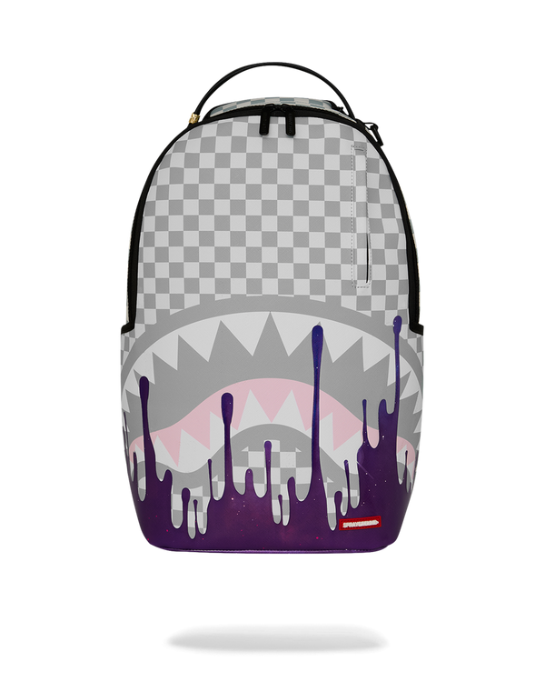 Cosmic-checkered backpack with purple drip art and black top straps.