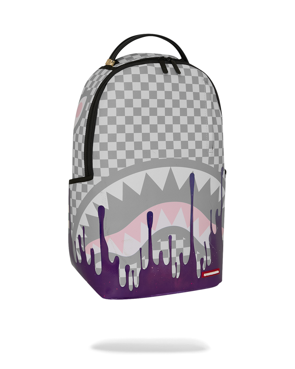 Checkered backpack with purple drip bottom panel and black shoulder straps.