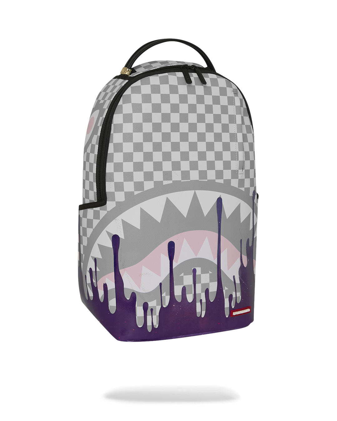 Checkered backpack with purple drip bottom panel and black shoulder straps.