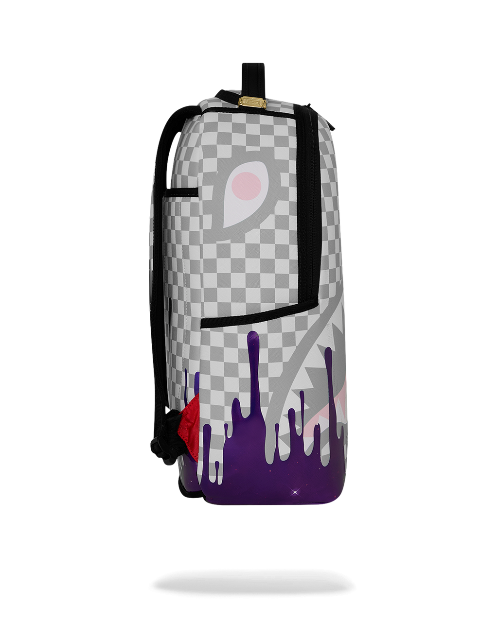 Backpack with checkered face, purple drips at base, and gold top handle tab.
