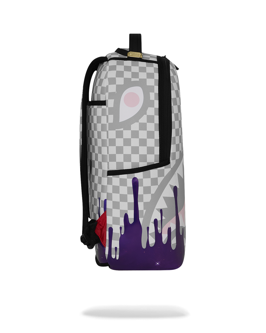 Backpack with checkered face, purple drips at base, and gold top handle tab.