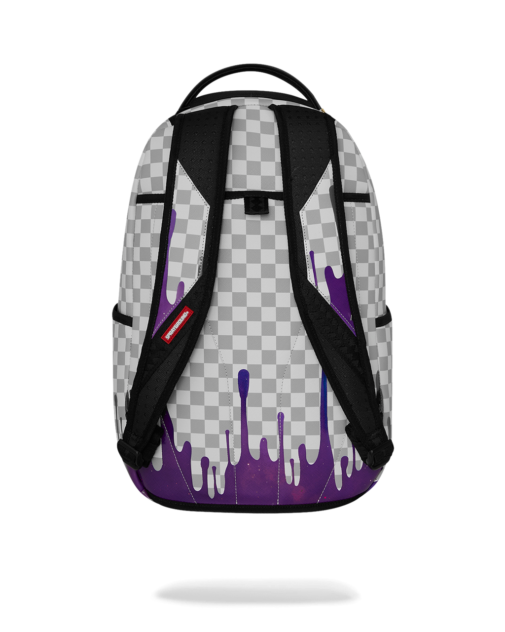 Backpack back panel with checkered fabric, purple drips, and two black shoulder straps.