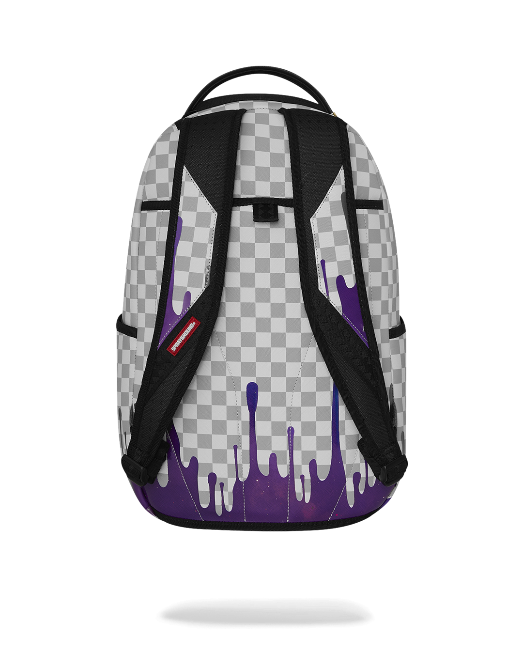 Backpack back panel with checkered fabric, purple drips, and two black shoulder straps.