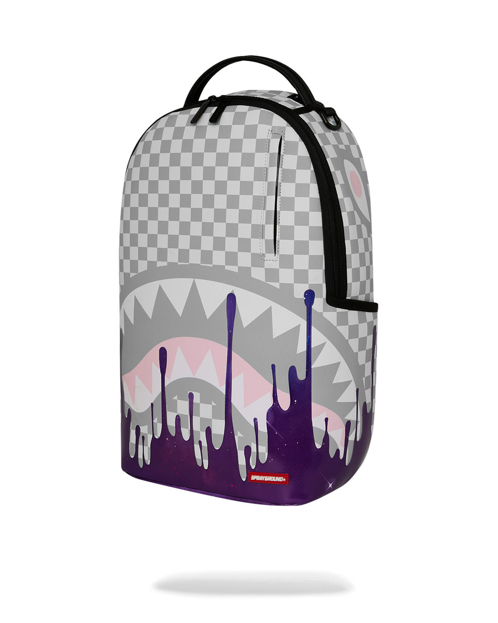 Front-facing backpack with checkered top, purple drip bottom, and black side handle.