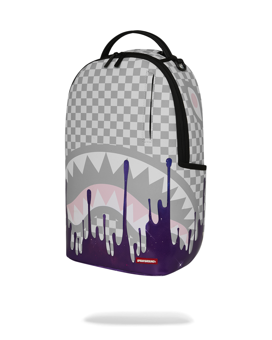 Front-facing backpack with checkered top, purple drip bottom, and black side handle.