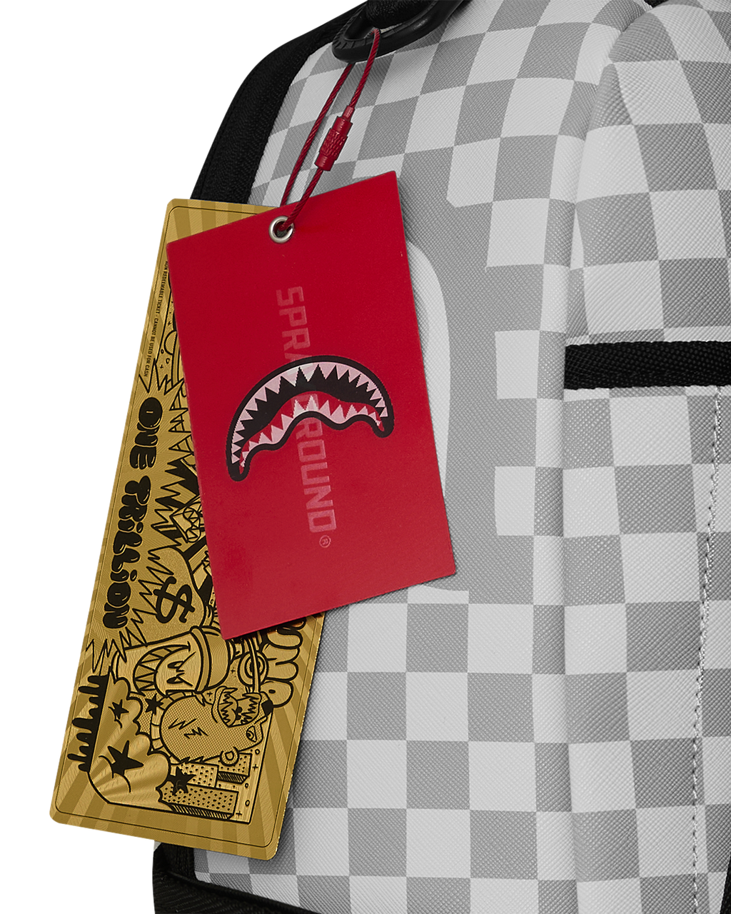 Cosmic Chaos backpack with black-and-white check pattern and hanging tags