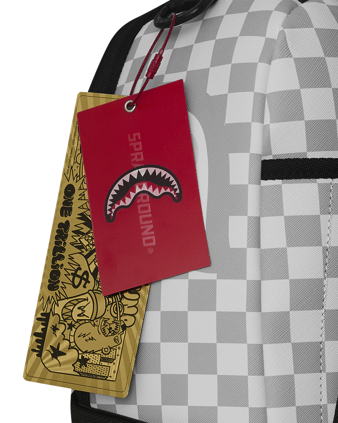 Cosmic Chaos backpack with black-and-white check pattern and hanging tags
