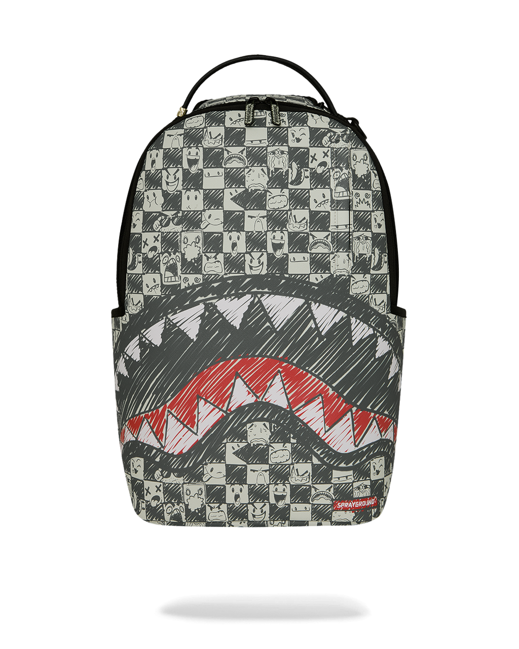 Sprayground sharks-themed backpack with checker panel and red shark graphic