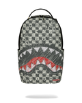 Sprayground sharks-themed backpack with checker panel and red shark graphic