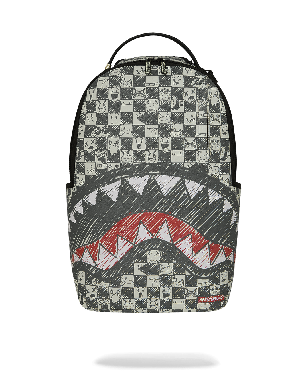 Sprayground sharks-themed backpack with checker panel and red shark graphic