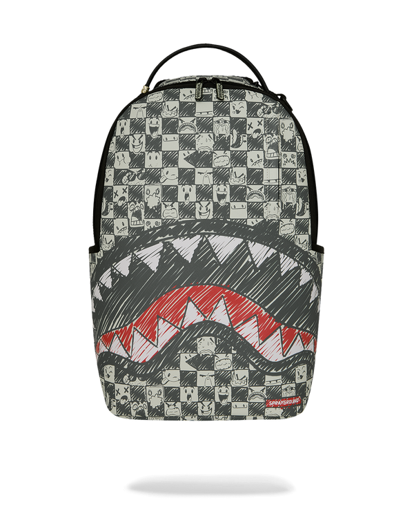Sprayground sharks-themed backpack with checker panel and red shark graphic