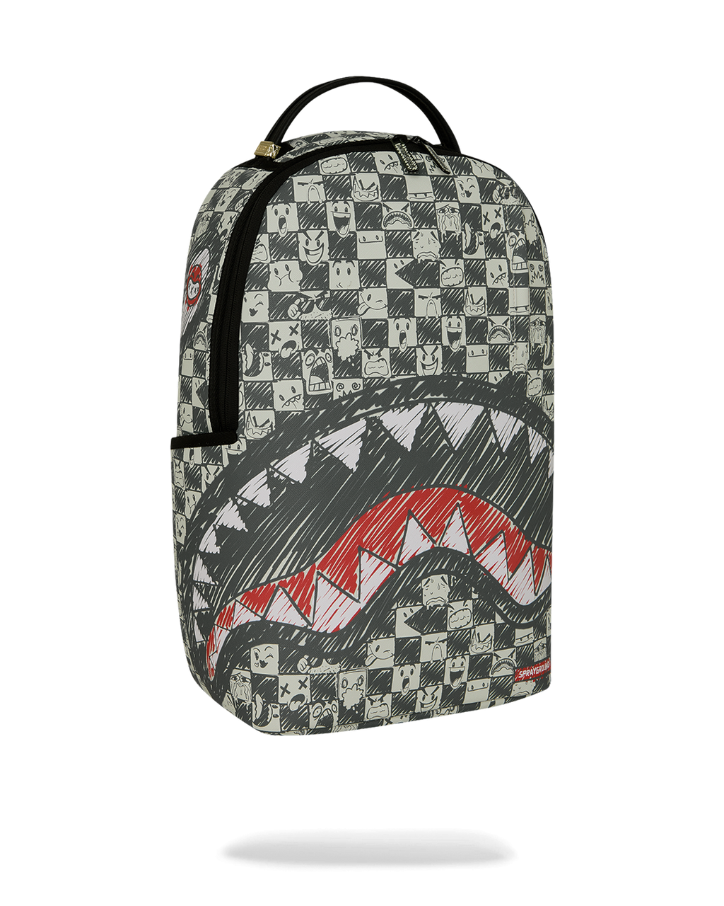 Sprayground sharks-themed backpack front view with black-and-white checkered panels