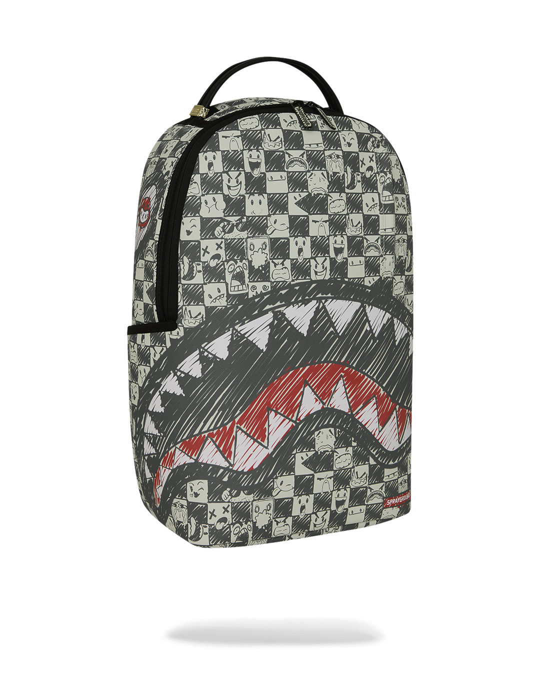 Sprayground sharks-themed backpack front view with black-and-white checkered panels