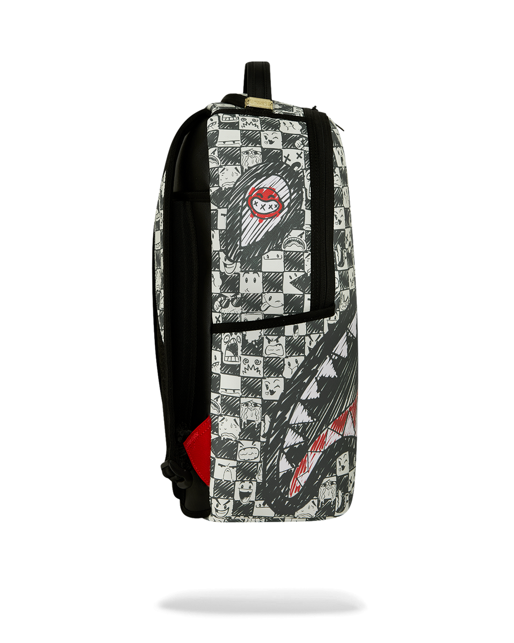 Sprayground backpack side view with black straps and red logo patch