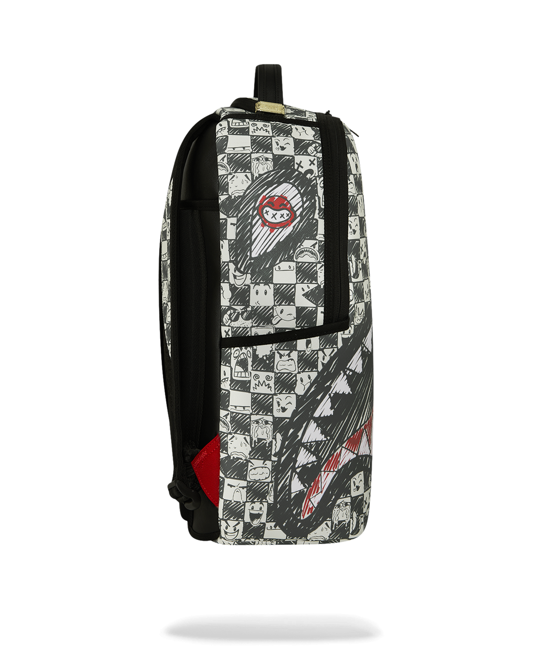 Sprayground backpack side view with black straps and red logo patch