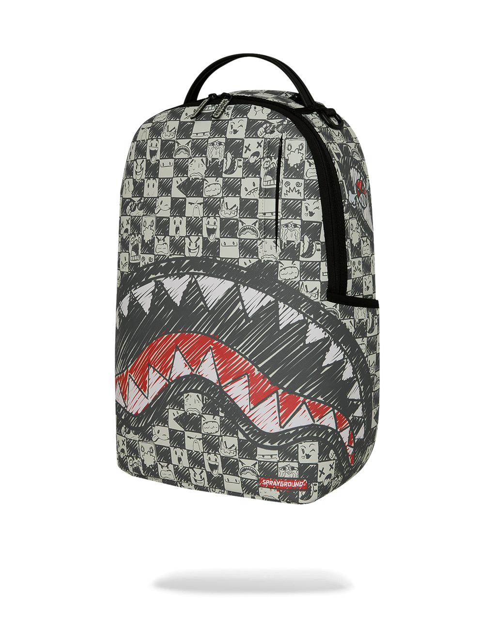 Sprayground backpack front, black-and-white checkered print with red wave graphic