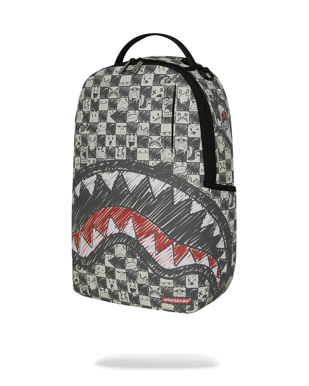 Sprayground backpack front, black-and-white checkered print with red wave graphic