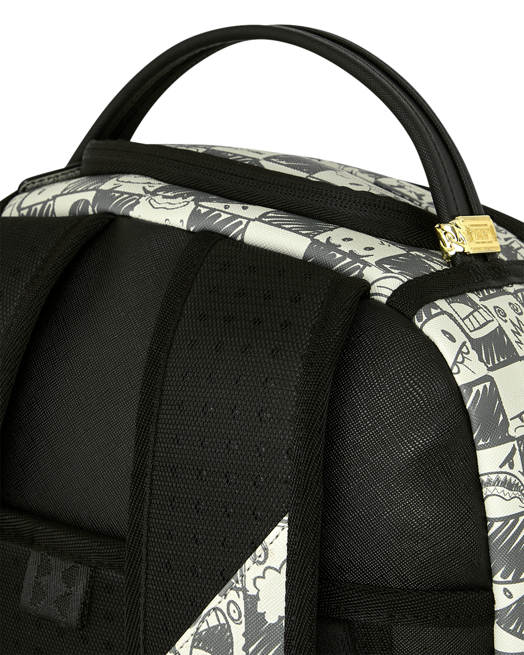 Sprayground backpack top handle and zipper detail with black trim