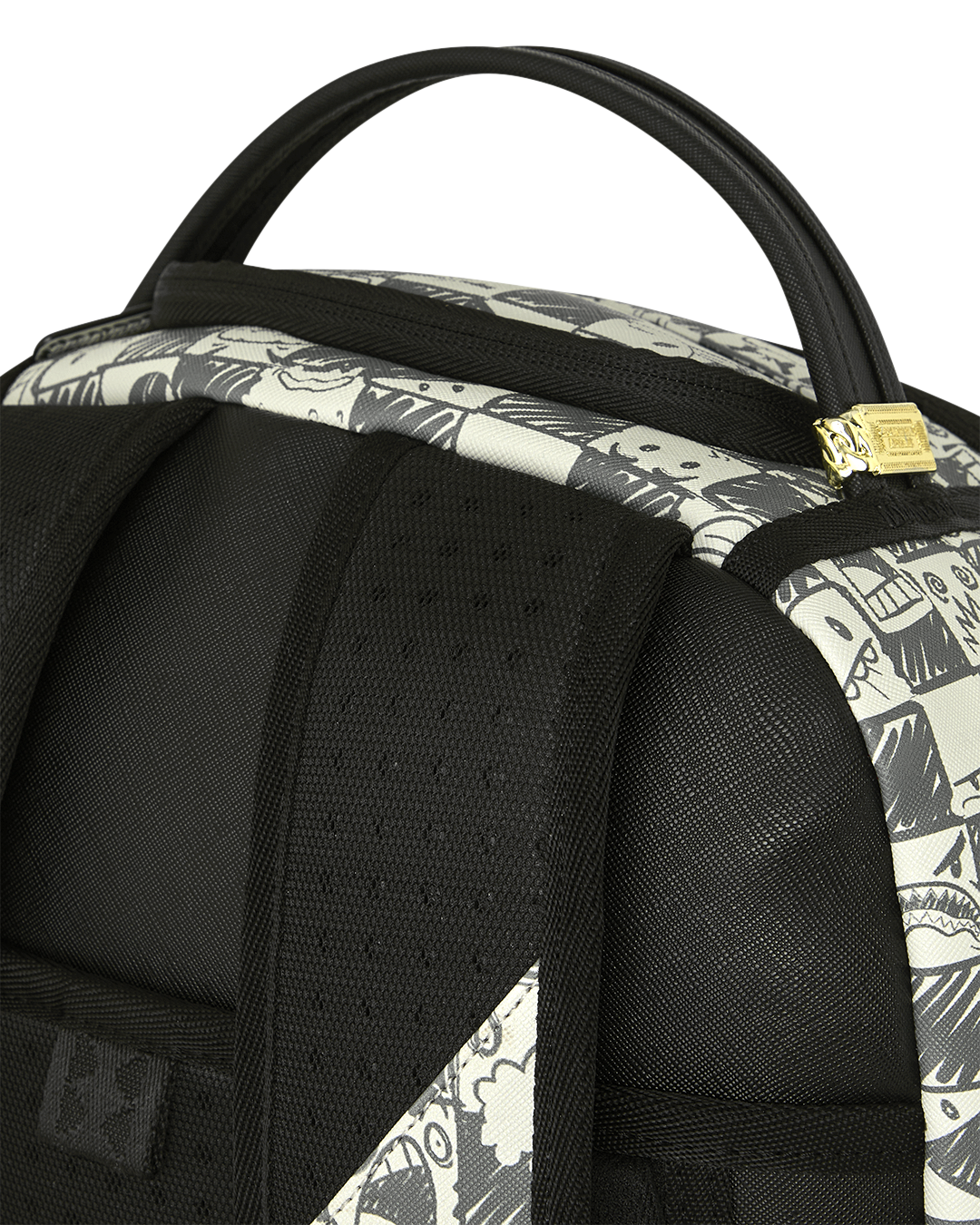Sprayground backpack top handle and zipper detail with black trim