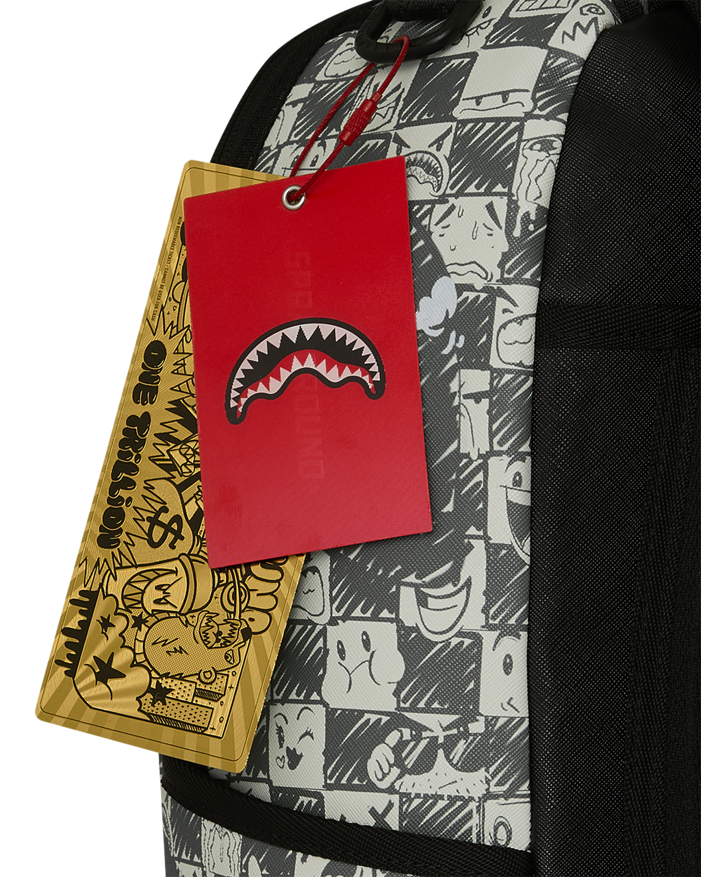 Sprayground backpack with red hang tag and black-and-white cartoon pattern