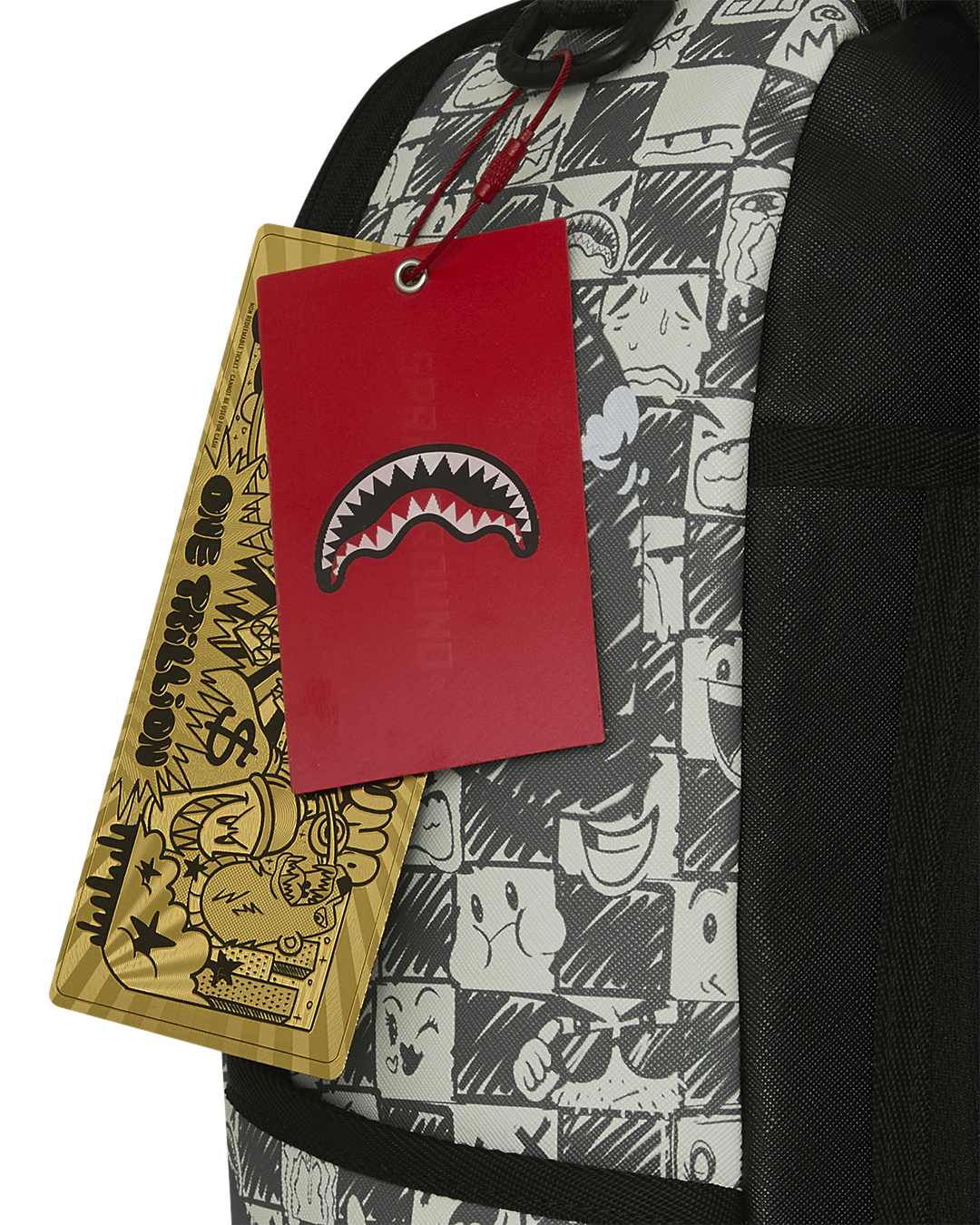 Sprayground backpack with red hang tag and black-and-white cartoon pattern