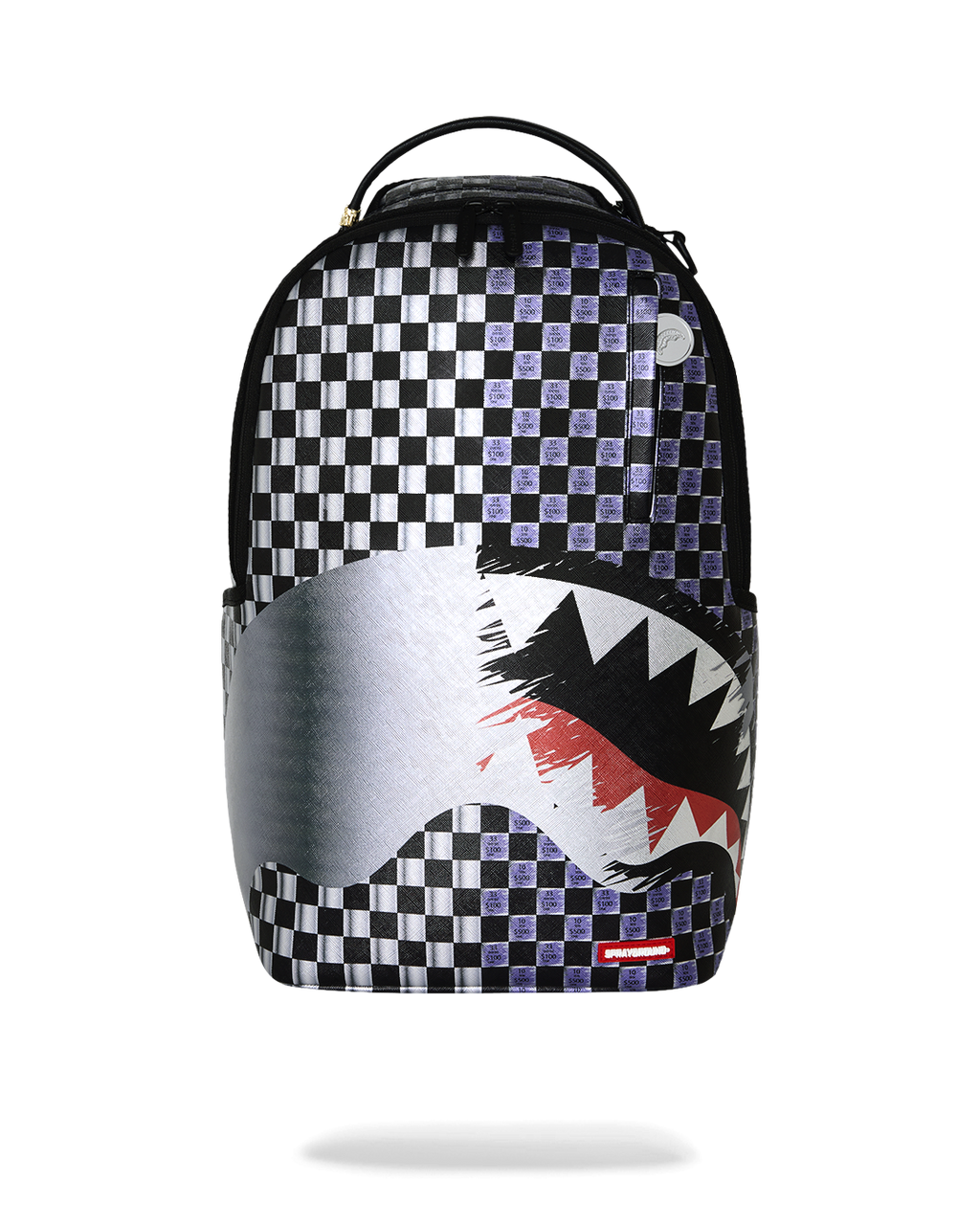 Sprayground shark backpack with black-and-white checkered front and large shark graphic
