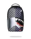 Sprayground shark backpack with black-and-white checkered front and large shark graphic