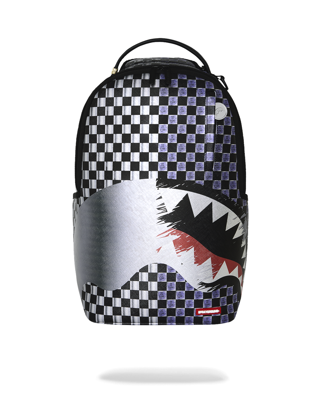 Sprayground shark backpack with black-and-white checkered front and large shark graphic