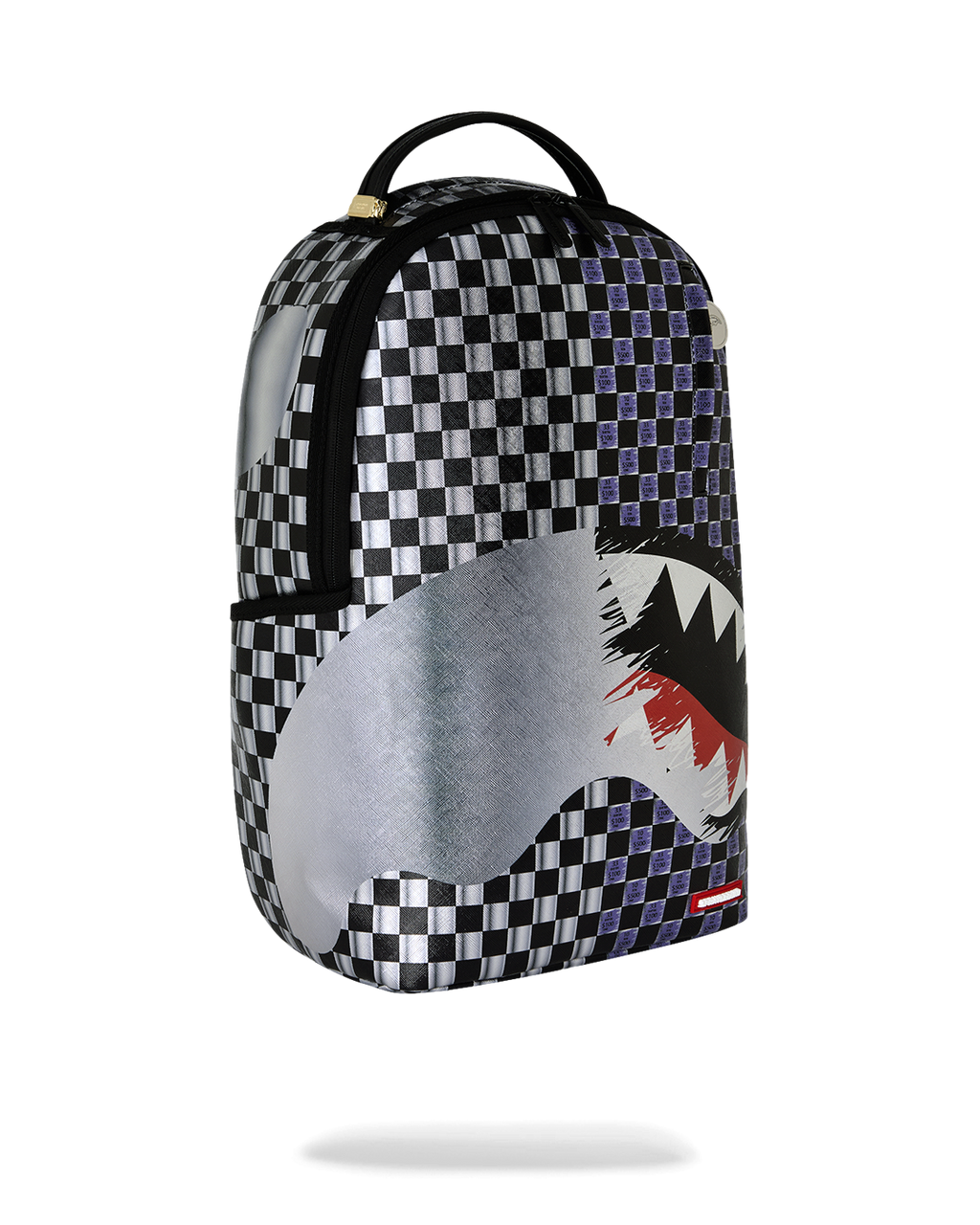 Sprayground shark backpack side view, black straps and checkered pattern with shark print