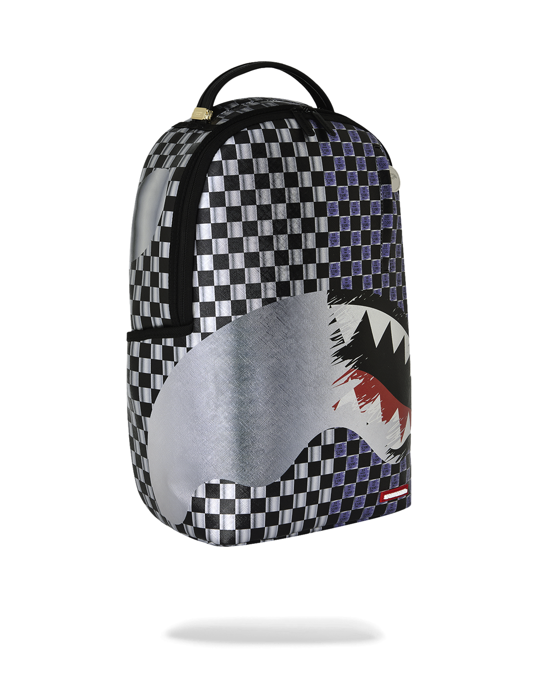 Sprayground shark backpack side view, black straps and checkered pattern with shark print