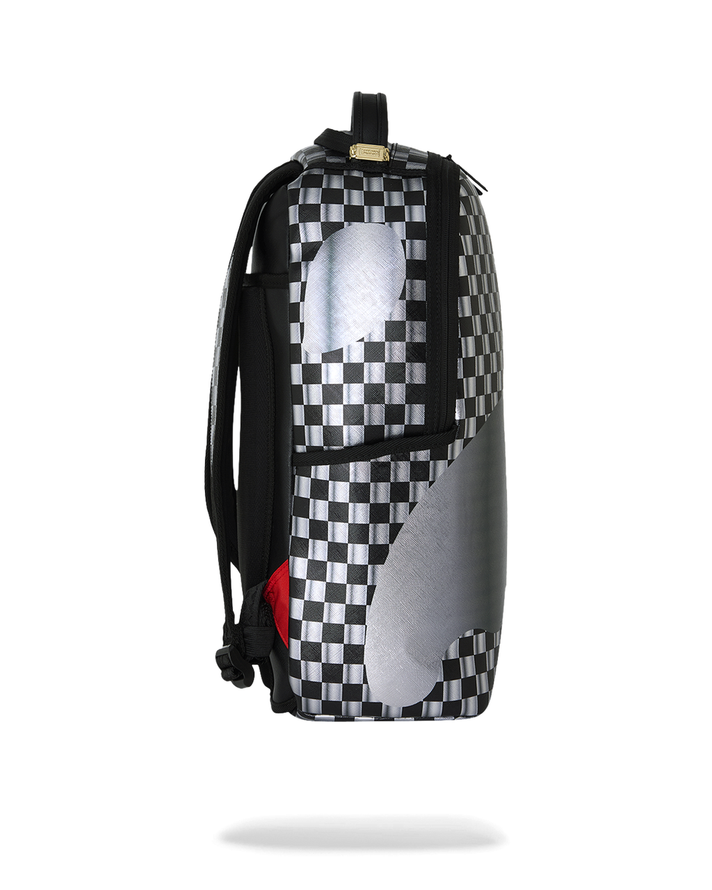 Sprayground shark backpack back view, checkered panels with black mesh-style back panel