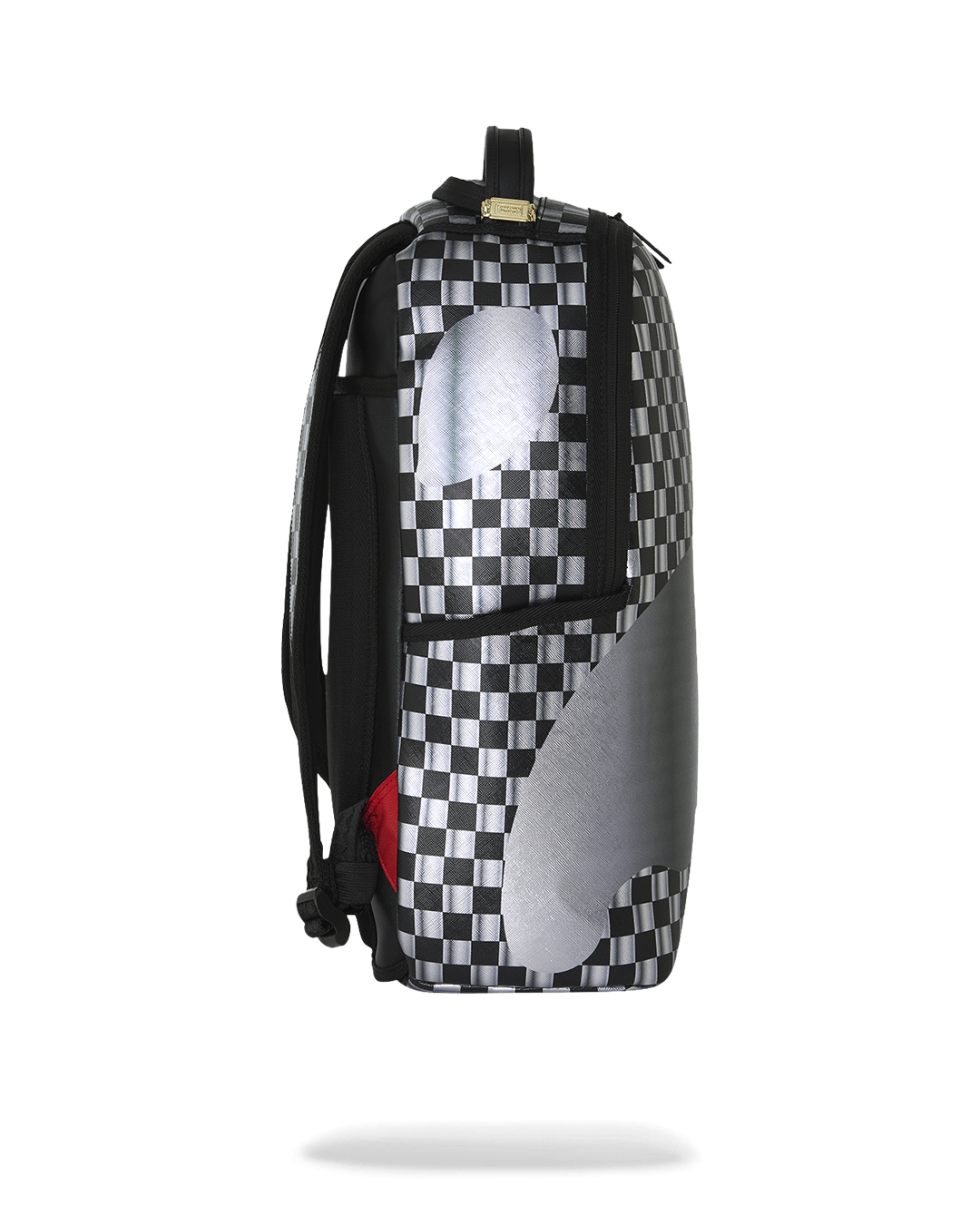 Sprayground shark backpack back view, checkered panels with black mesh-style back panel