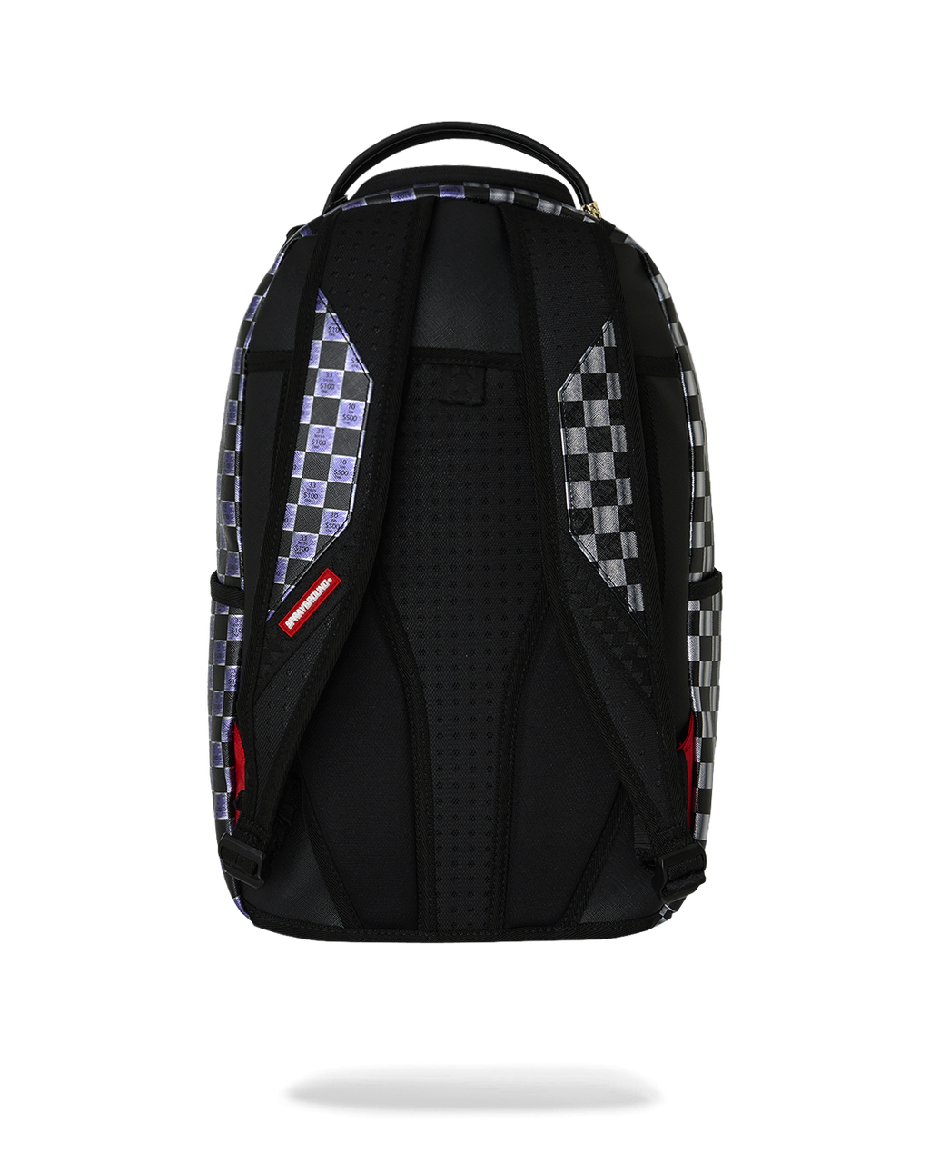 Sprayground shark backpack interior back panel, black mesh with side pockets and checkered sides
