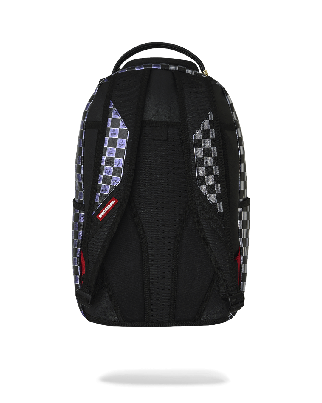 Sprayground shark backpack interior back panel, black mesh with side pockets and checkered sides