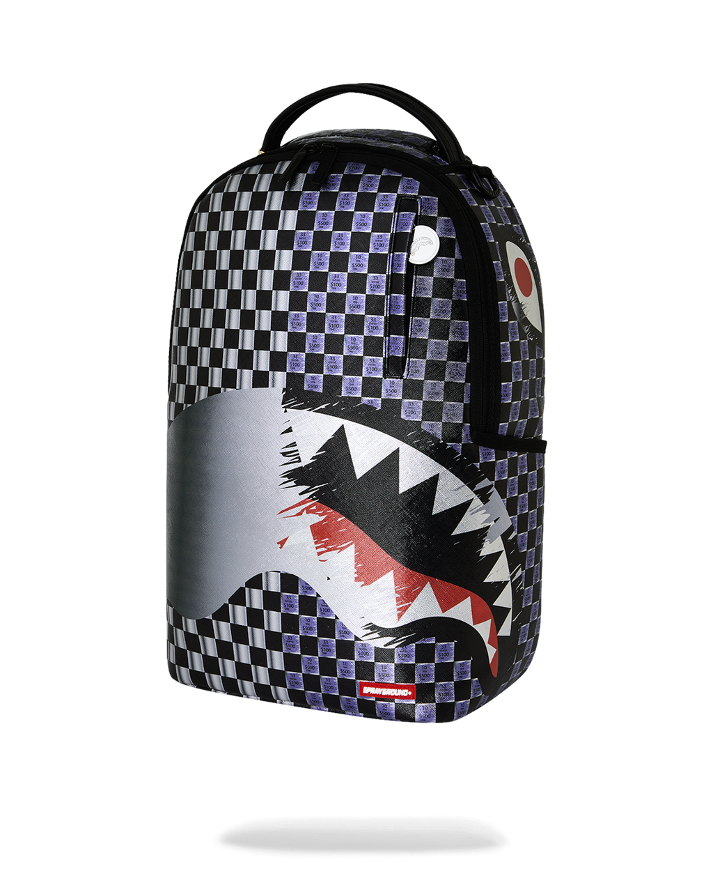 Sprayground shark backpack, checkered panel with silver top and red-accent shark artwork