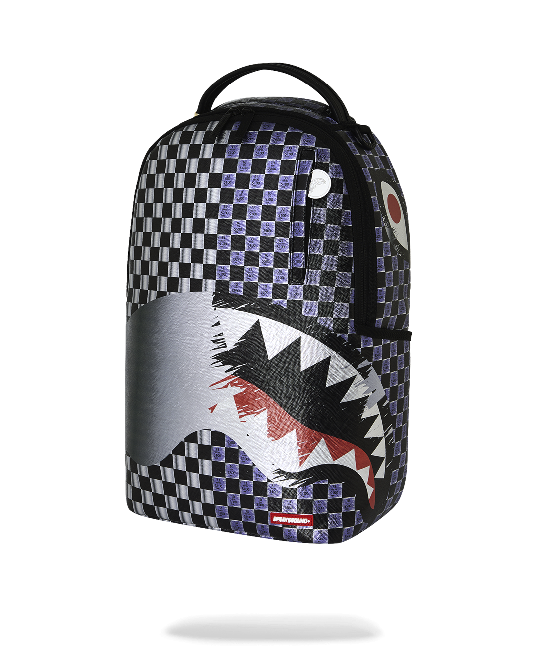 Sprayground shark backpack, checkered panel with silver top and red-accent shark artwork