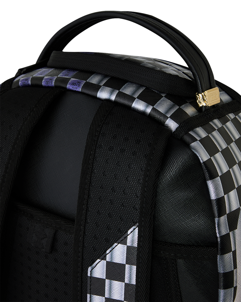 Black backpack with checker-print strap and top handle