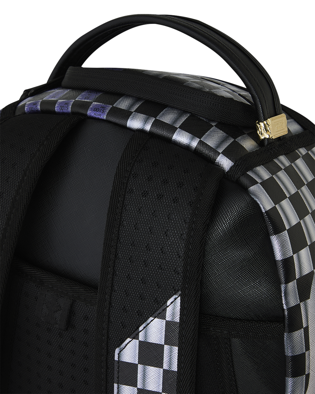 Black backpack with checker-print strap and top handle