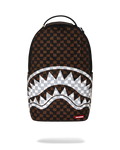 Brown checkered backpack with white jagged fang-style graphic and top handle