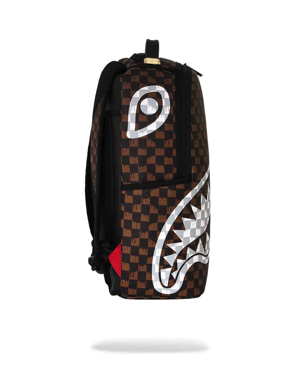 Brown checkered backpack with white graphic on side and black top handle