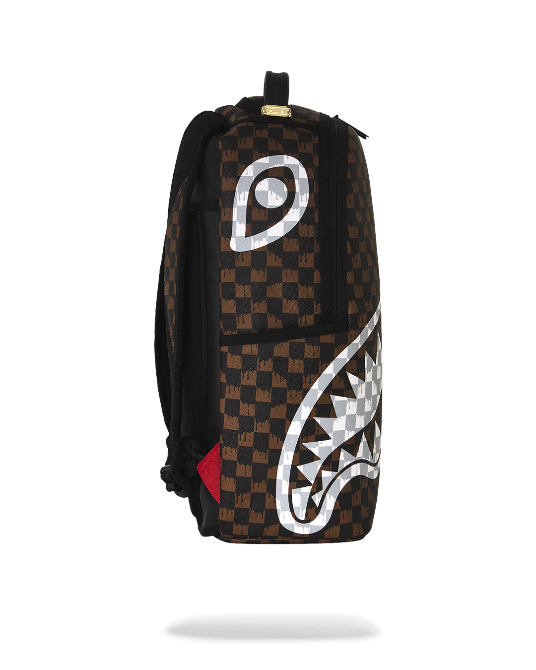 Brown checkered backpack with white graphic on side and black top handle