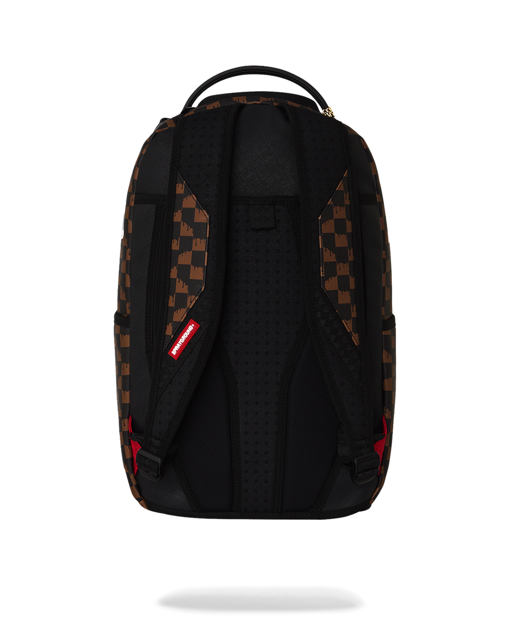Brown checkered backpack with black mesh back panel and padded shoulder straps