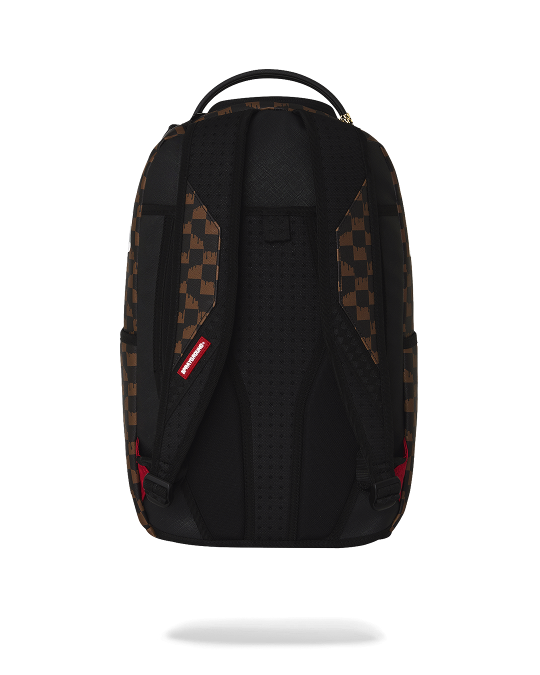 Brown checkered backpack with black mesh back panel and padded shoulder straps