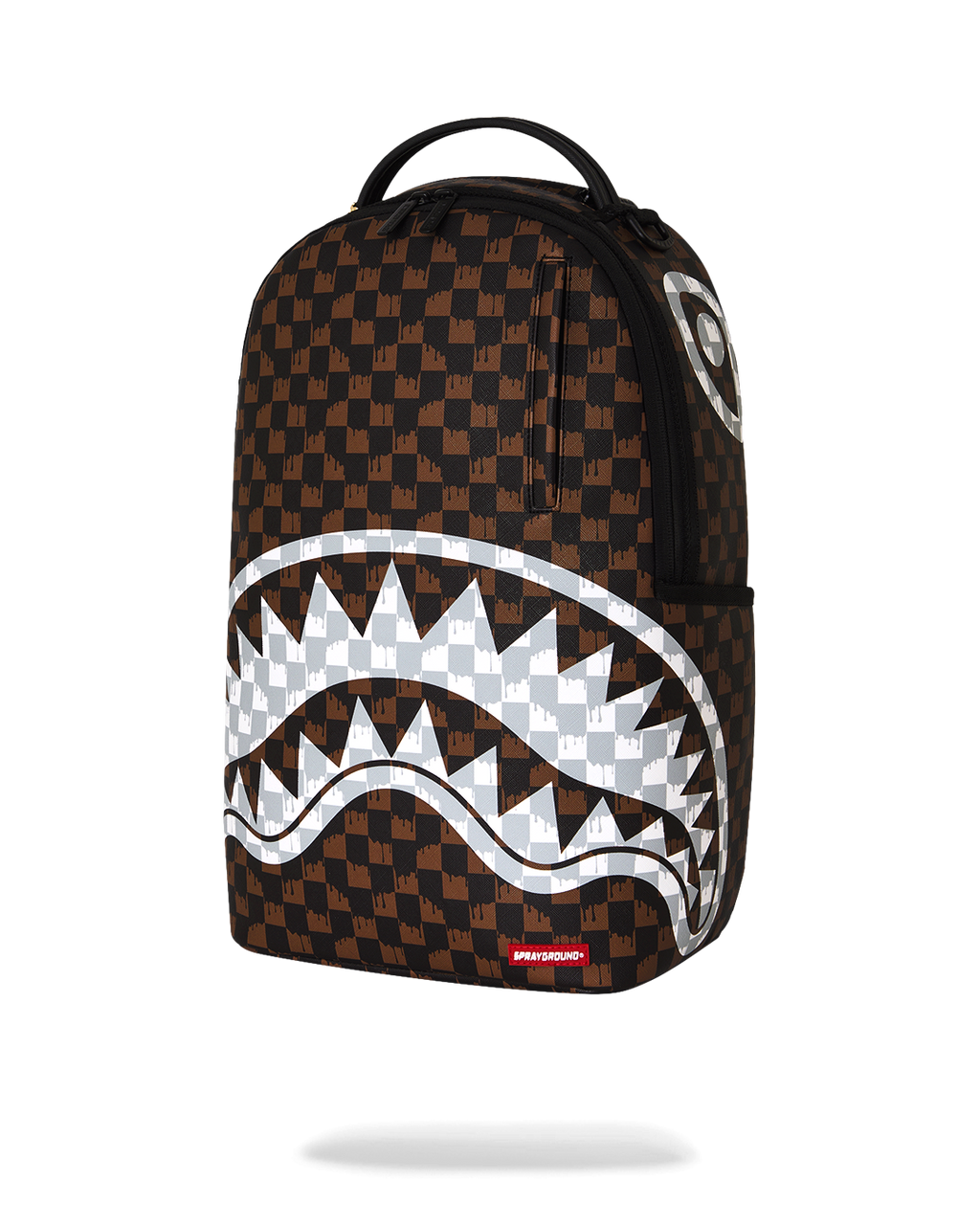 Brown checkered backpack with white jagged graphic front and small red logo patch