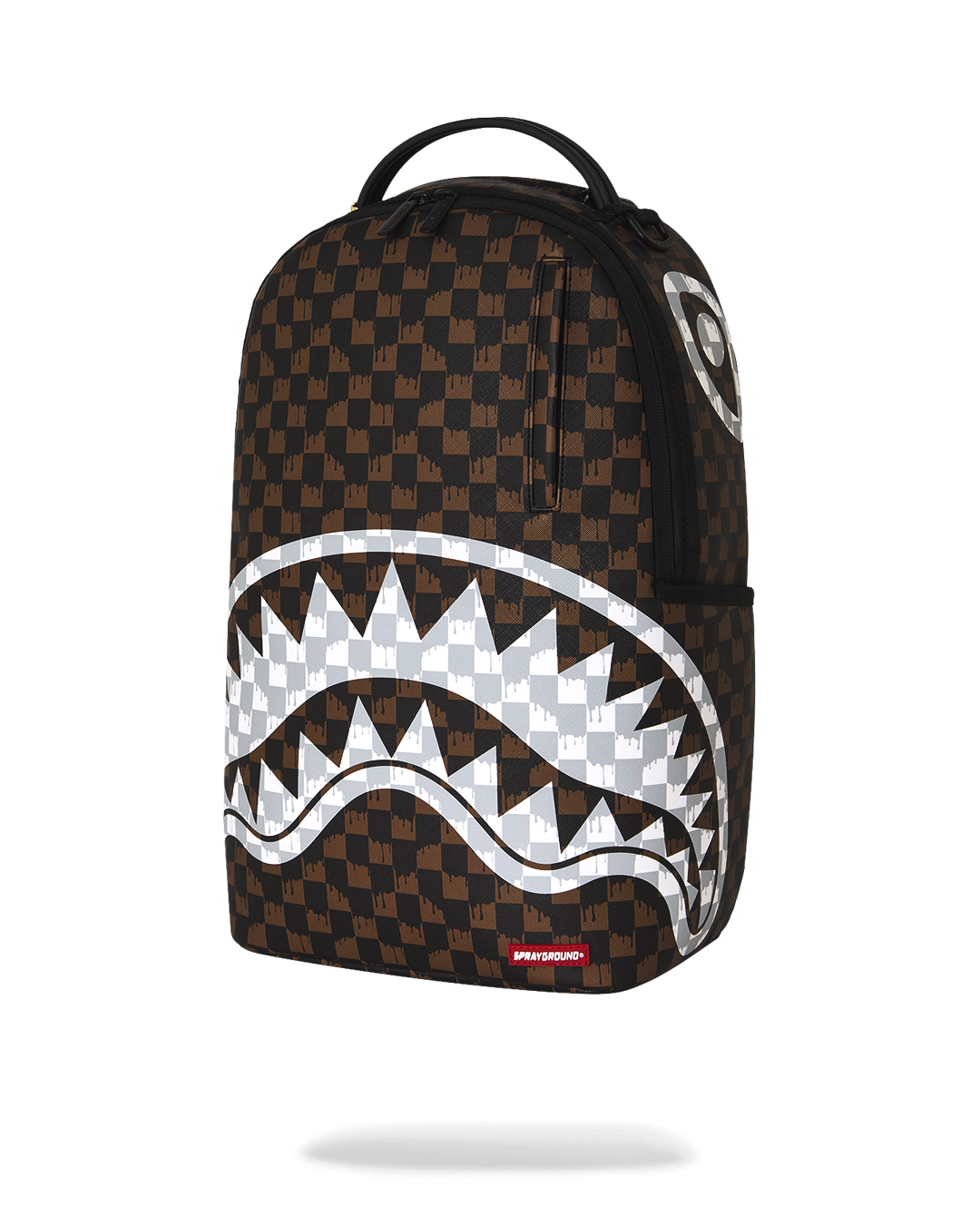 Brown checkered backpack with white jagged graphic front and small red logo patch