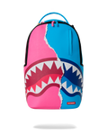 Shark-themed mini backpack with teal, pink, and blue panels and top handle