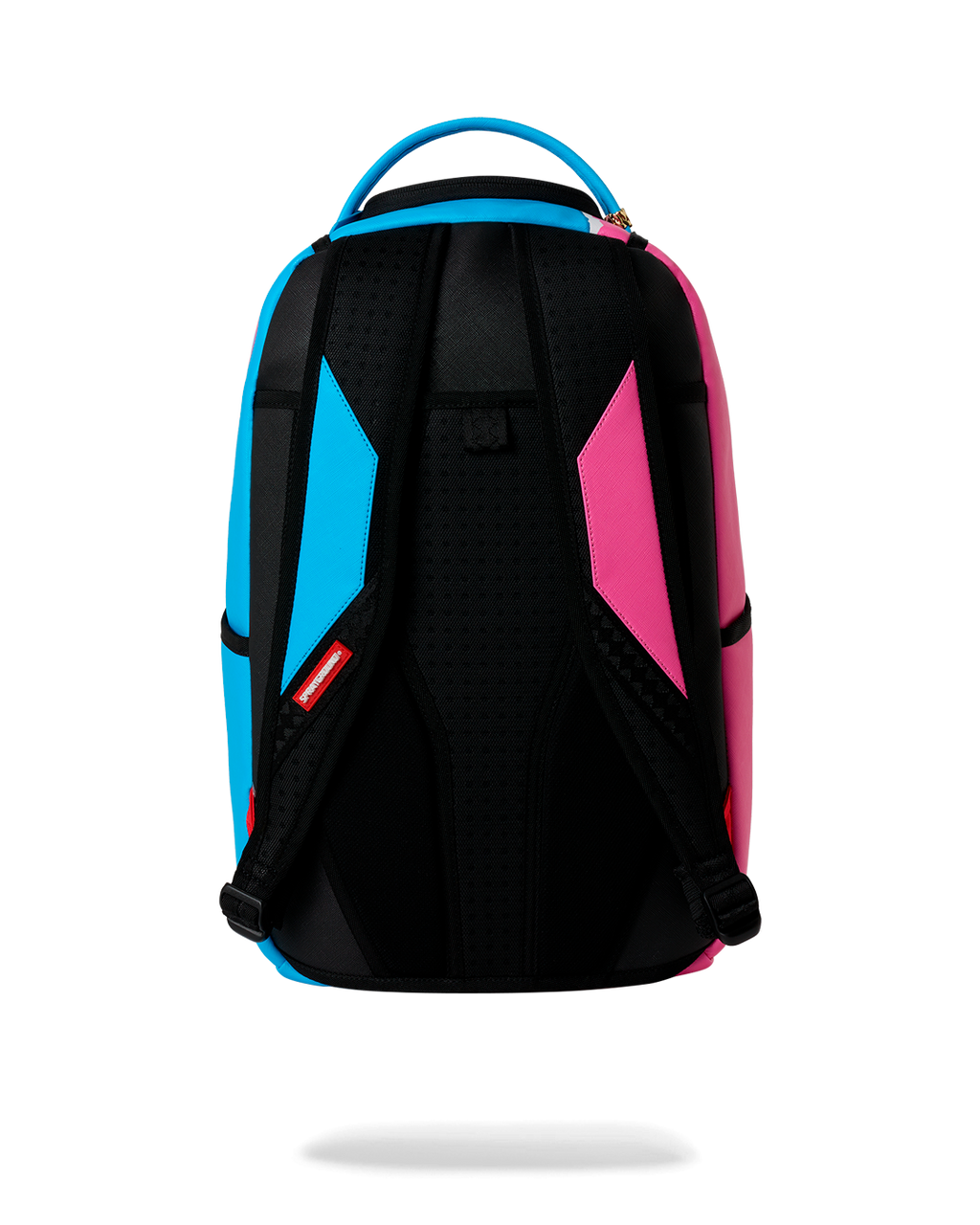 Back panel of shark-themed mini backpack with padded mesh straps and black back