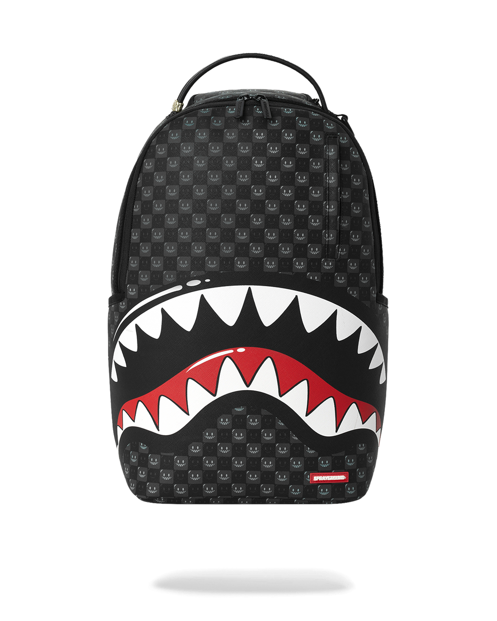 Sprayground shark-mouth graphic backpack bag, black with red and white details, front view