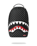 Sprayground shark-mouth graphic backpack bag, black with red and white details, front view