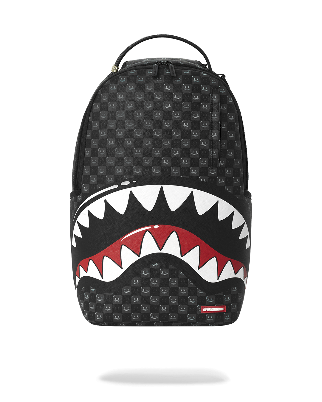 Sprayground shark-mouth graphic backpack bag, black with red and white details, front view